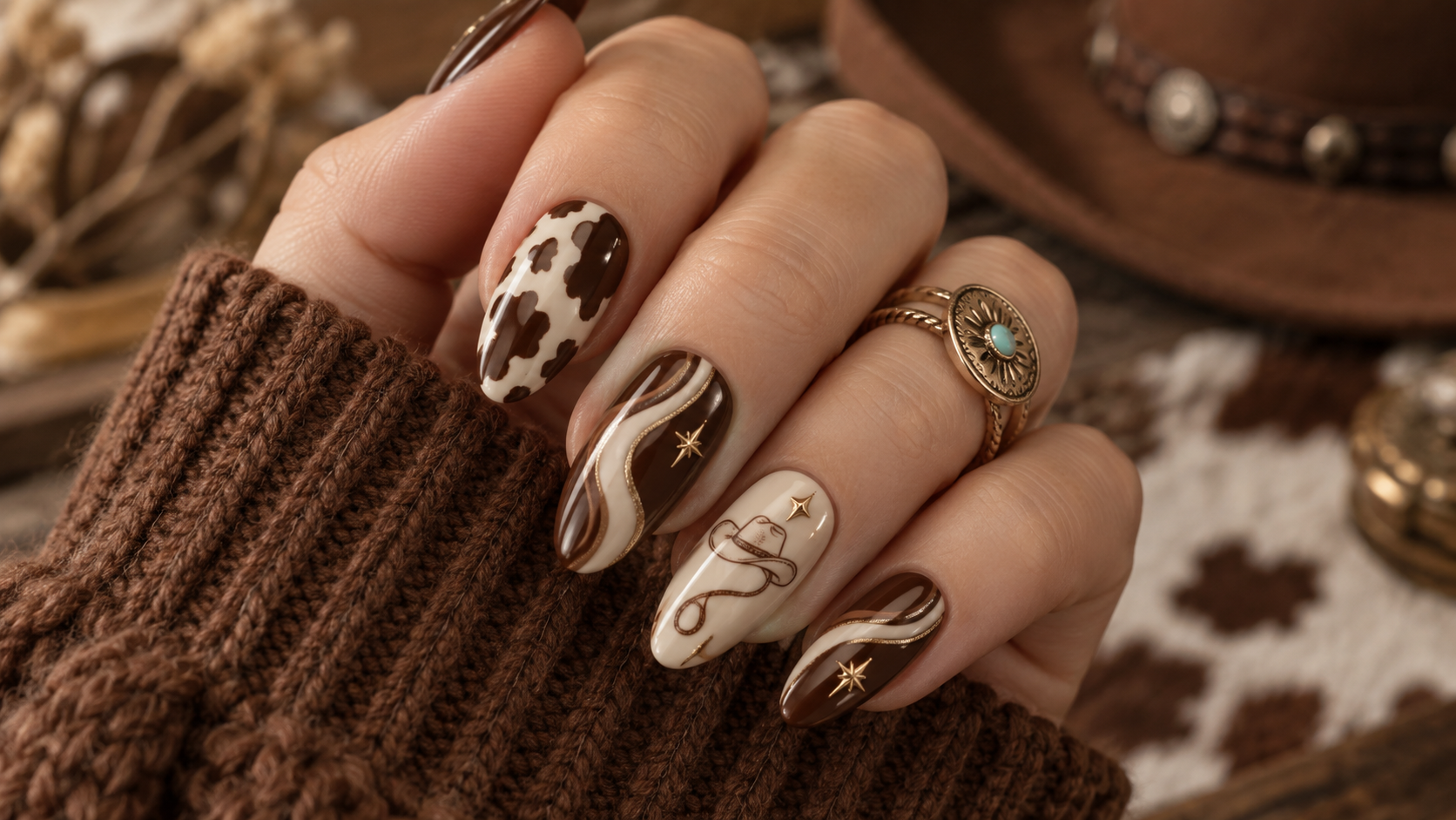 Cream and Chocolate Western Nails